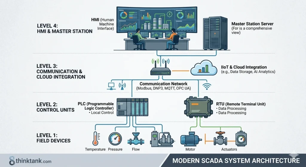 Diagram Arsitektur Sistem SCADA Modern yang Menampilkan 4 Level, dari Sensor Lapangan hingga Integrasi Cloud dan HMI