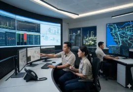 Foto Control Room SCADA Modern Menampilkan Operator Indonesia Sedang Memantau Dashboard Data Real-Time secara Profesional