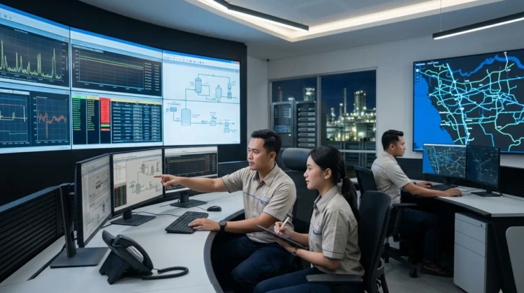 Foto Control Room SCADA Modern Menampilkan Operator Indonesia Sedang Memantau Dashboard Data Real-Time secara Profesional
