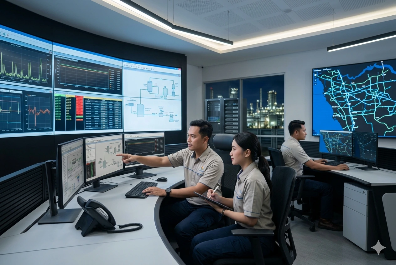Foto Control Room SCADA Modern Menampilkan Operator Indonesia Sedang Memantau Dashboard Data Real-Time secara Profesional